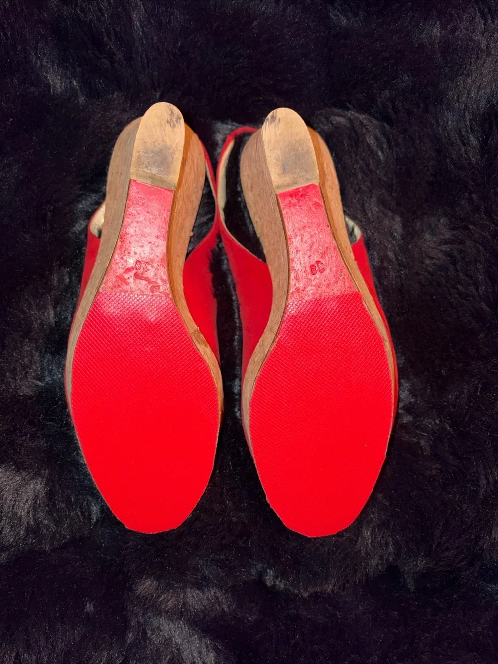 Christian Louboutin Red Suede Cork Wedge Slingback Heels Size 38 EU / US 7.5–8